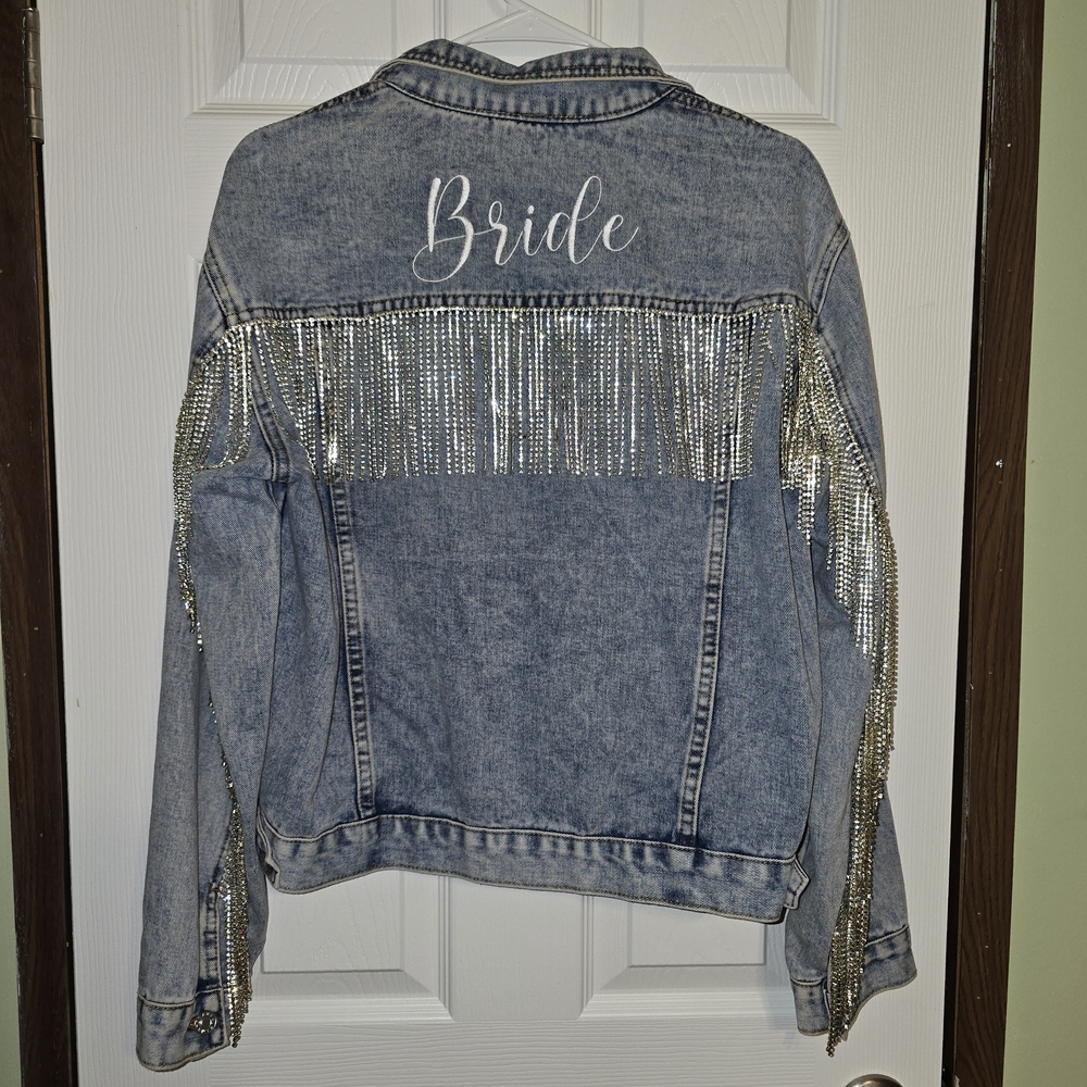 Bride Rhinestone Fringe Light Wash Denim Jacket